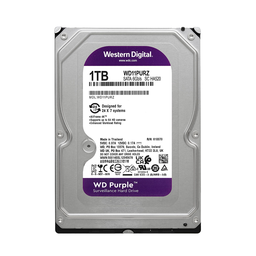 Western Digital 1TB WD Purple Surveillance Internal Hard Drive HDD – SATA 6 Gb/s, 64 MB Cache, 3.5″ – WD11PURZ