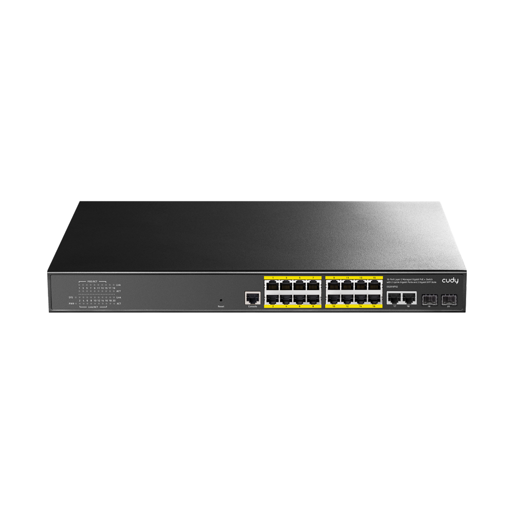 16-Port Layer 2 Managed Gigabit PoE+ Switch with 2 Uplink Gigabit Ports and 2 Gigabit SFP Slots, 200W (GS2018PS2-200W)