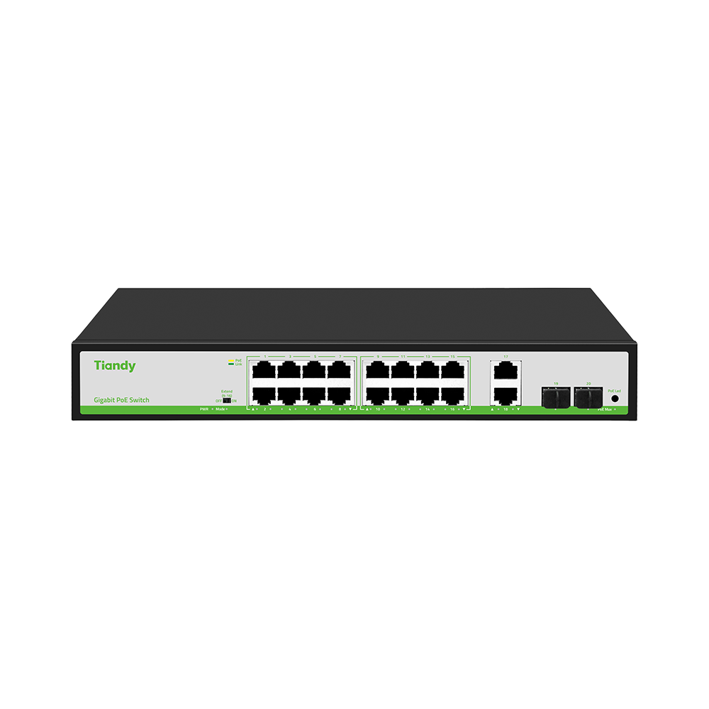 Tiandy POE Switch 16* 10/100/1000M PoE Ports+2*Gigabit Uplink+2* Gigabit SFP Ports